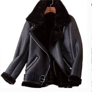 Zara - Faux Black Shearling Leather Jacket - size small